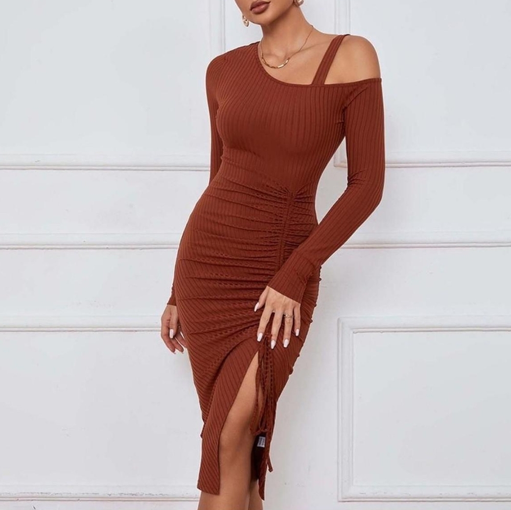 Women's Bodycon One ShoulderLong Sleeve Ruched Split Dress